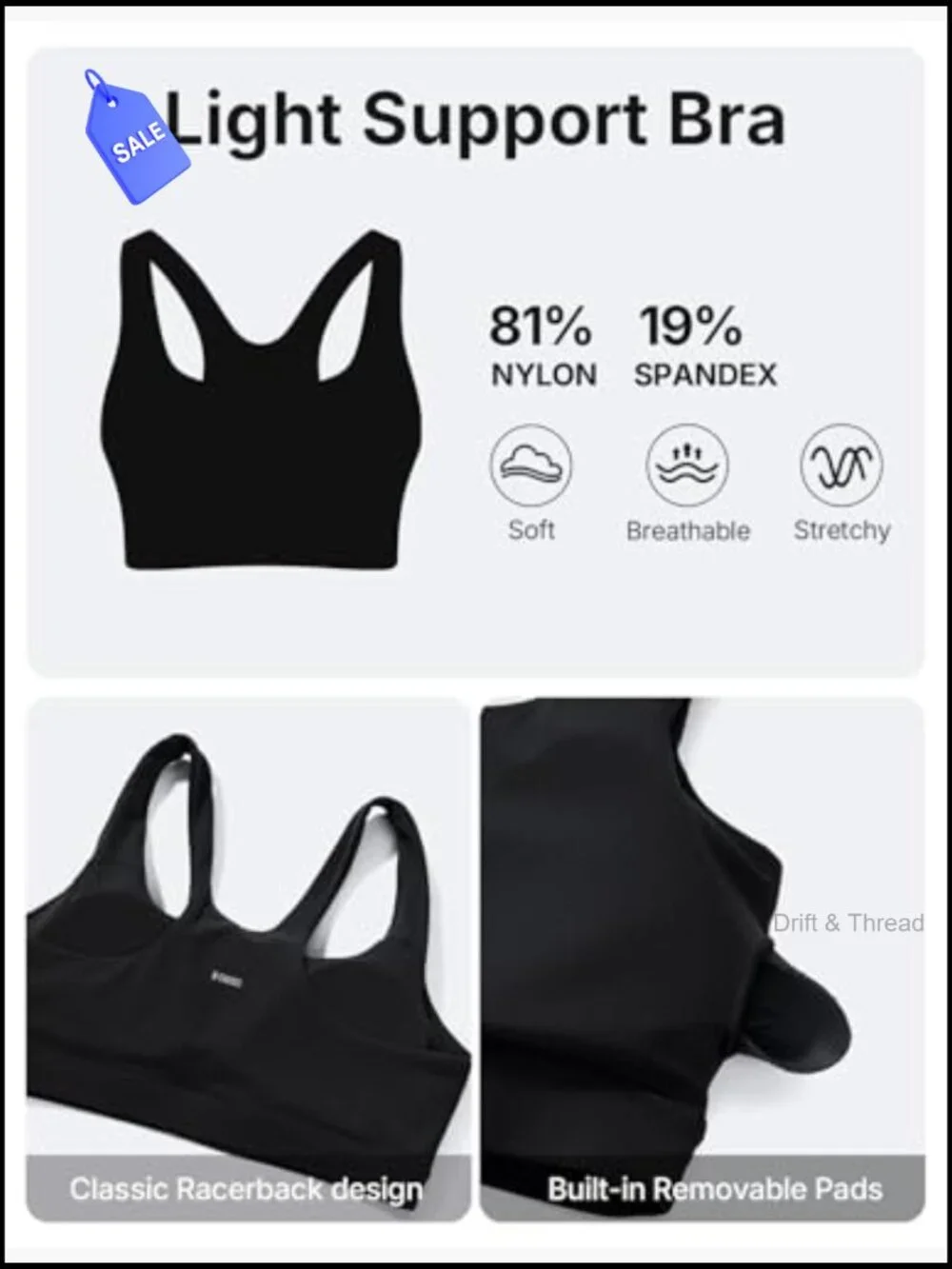 Light Support Sports Bra 4-Way Stretch Racerback with Removable Pads